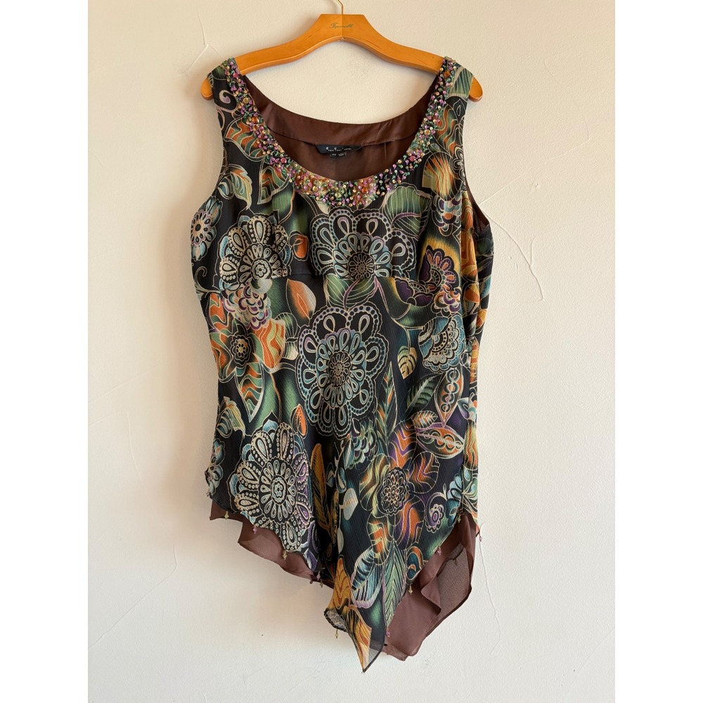 ECI New York Vintage 100% Silk Beaded Medallion Asymmetrical Top Teal Brown 2X